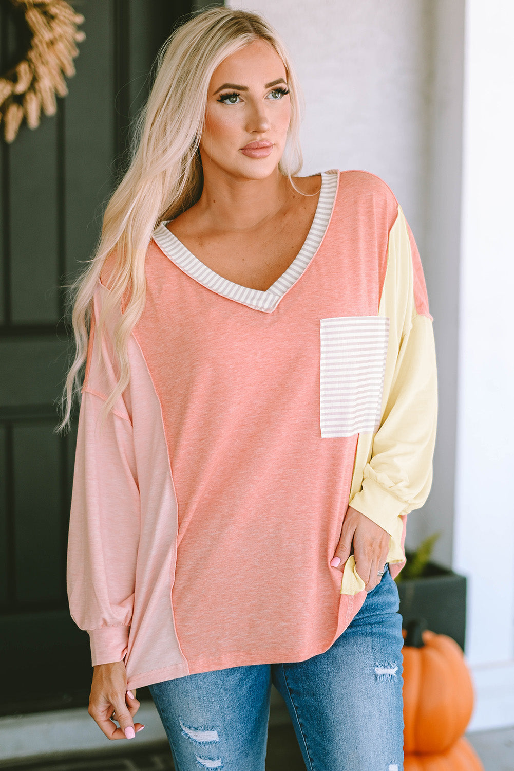 Striped Color Block Splicing Long Sleeve T Shirt-yoyobikini