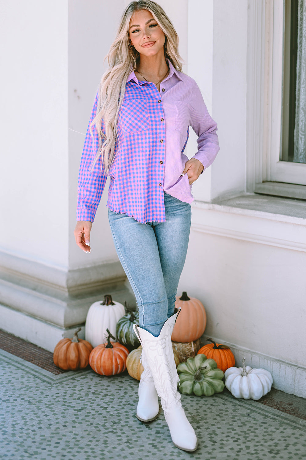 Purple Mixed Plaid Button Down Long Sleeve Chest Pocket Shirt-yoyobikini