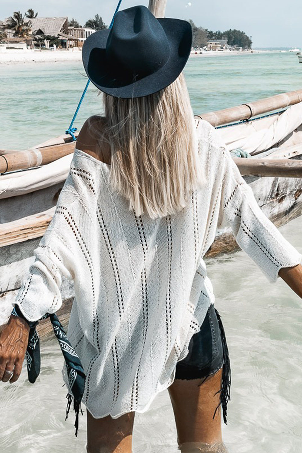 White Hollowed Detail Knitted Loose V Neck Sweater-yoyobikini