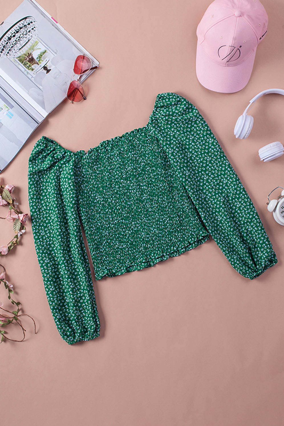 Green Square Neck Puff Sleeve Floral Smocked Top-yoyobikini