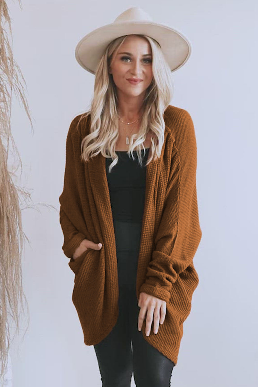 Brown Waffle Knit Open Front Rounded Hem Cardigan-yoyobikini