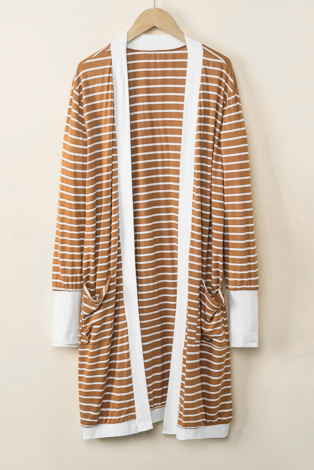 Brown Striped Side Pockets Open Front Cardigan-yoyobikini