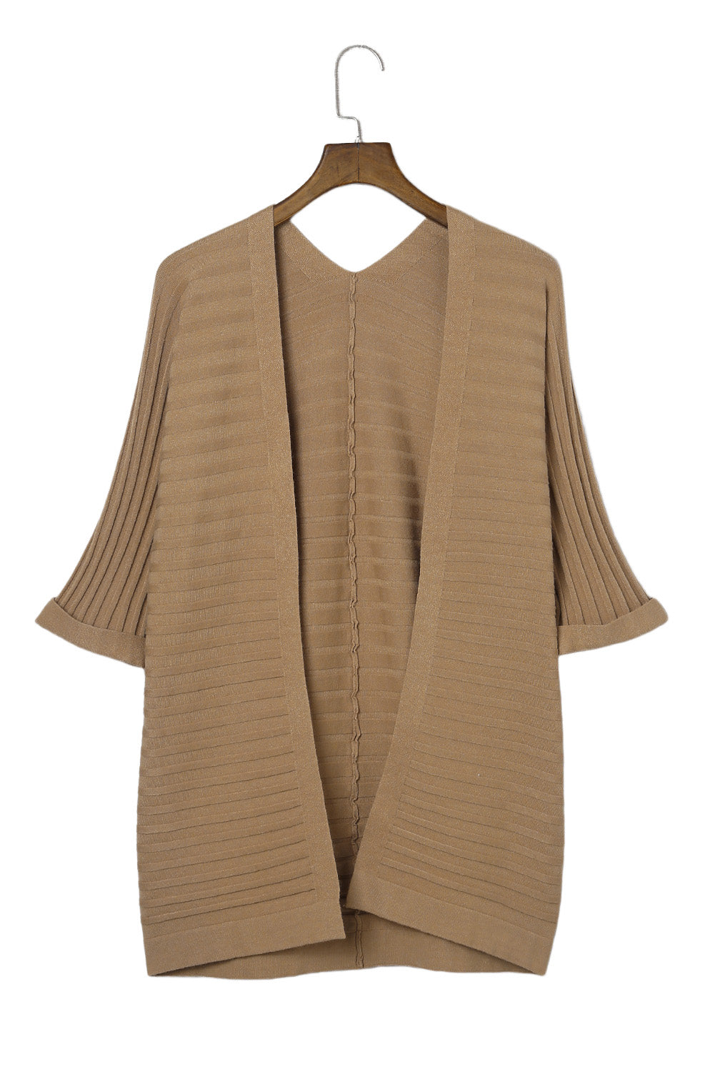 Brown Ribbed Open Front Knit Cardigan-yoyobikini
