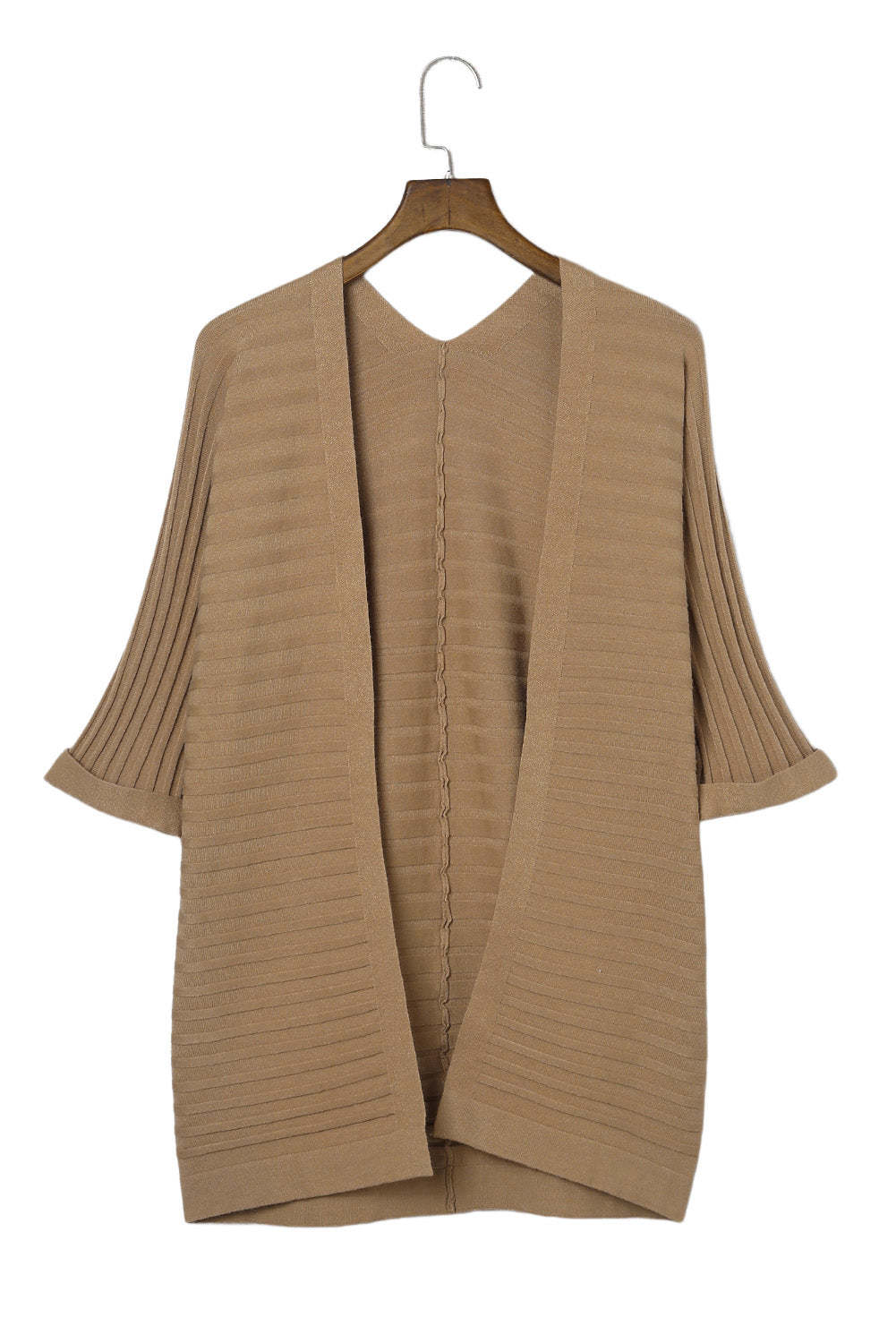 Brown Ribbed Open Front Knit Cardigan-yoyobikini