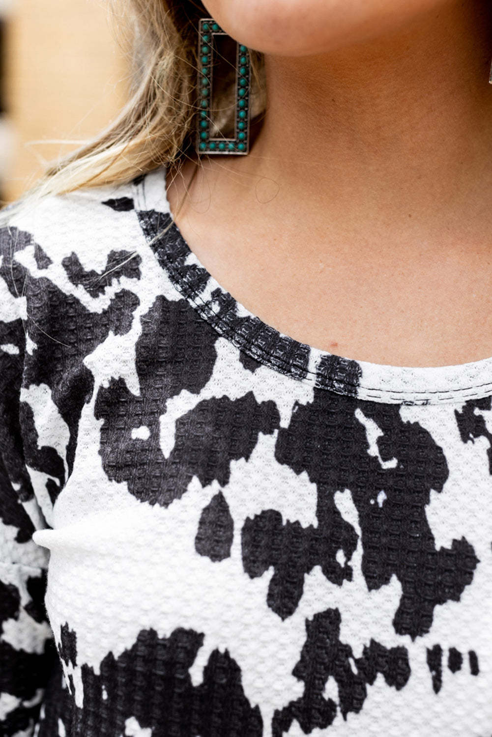 Cow Print U Neck Long Sleeve Top-yoyobikini