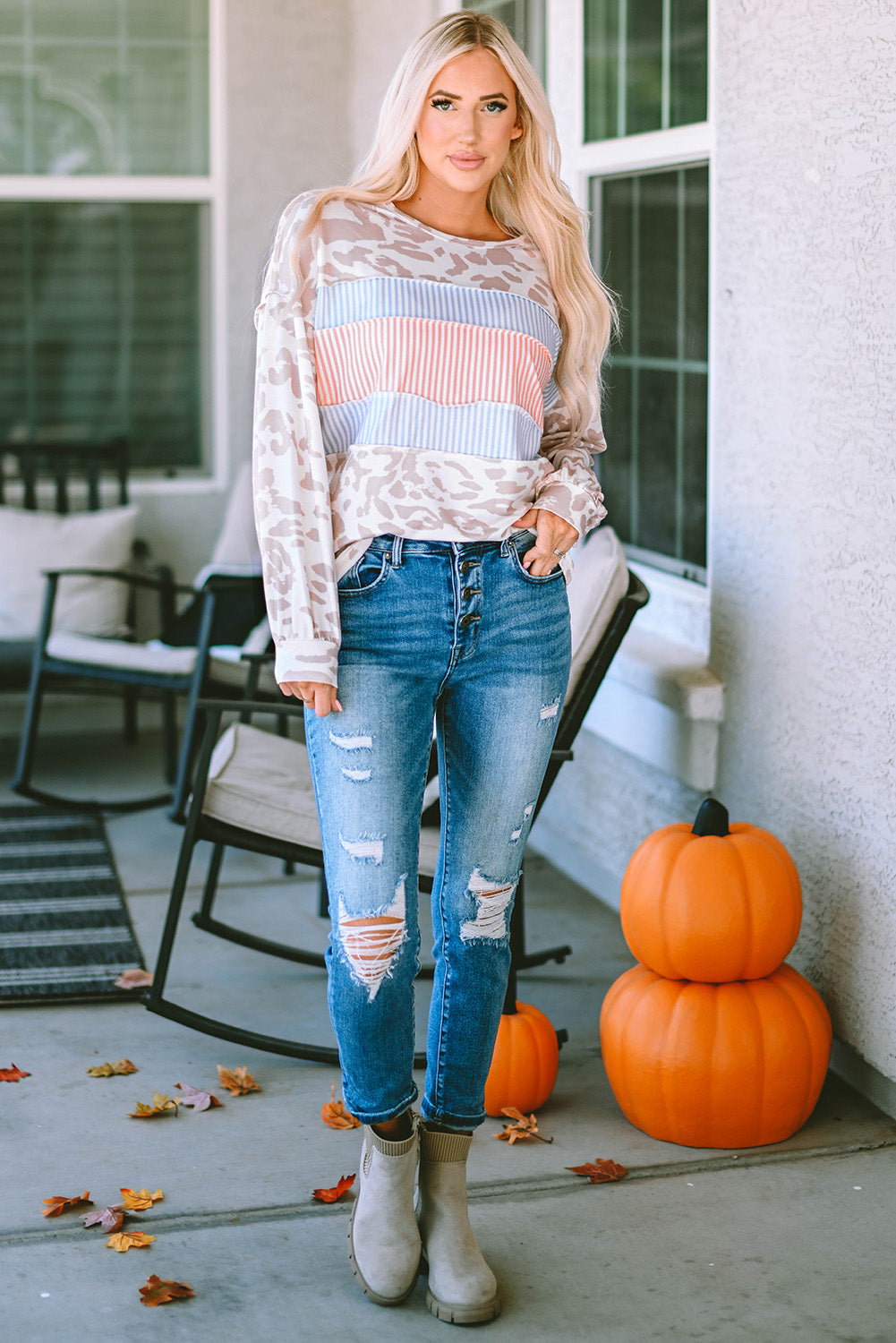 Leopard Animal Print Contrast Stripes Patchwork Puff Sleeve Knit Top-yoyobikini