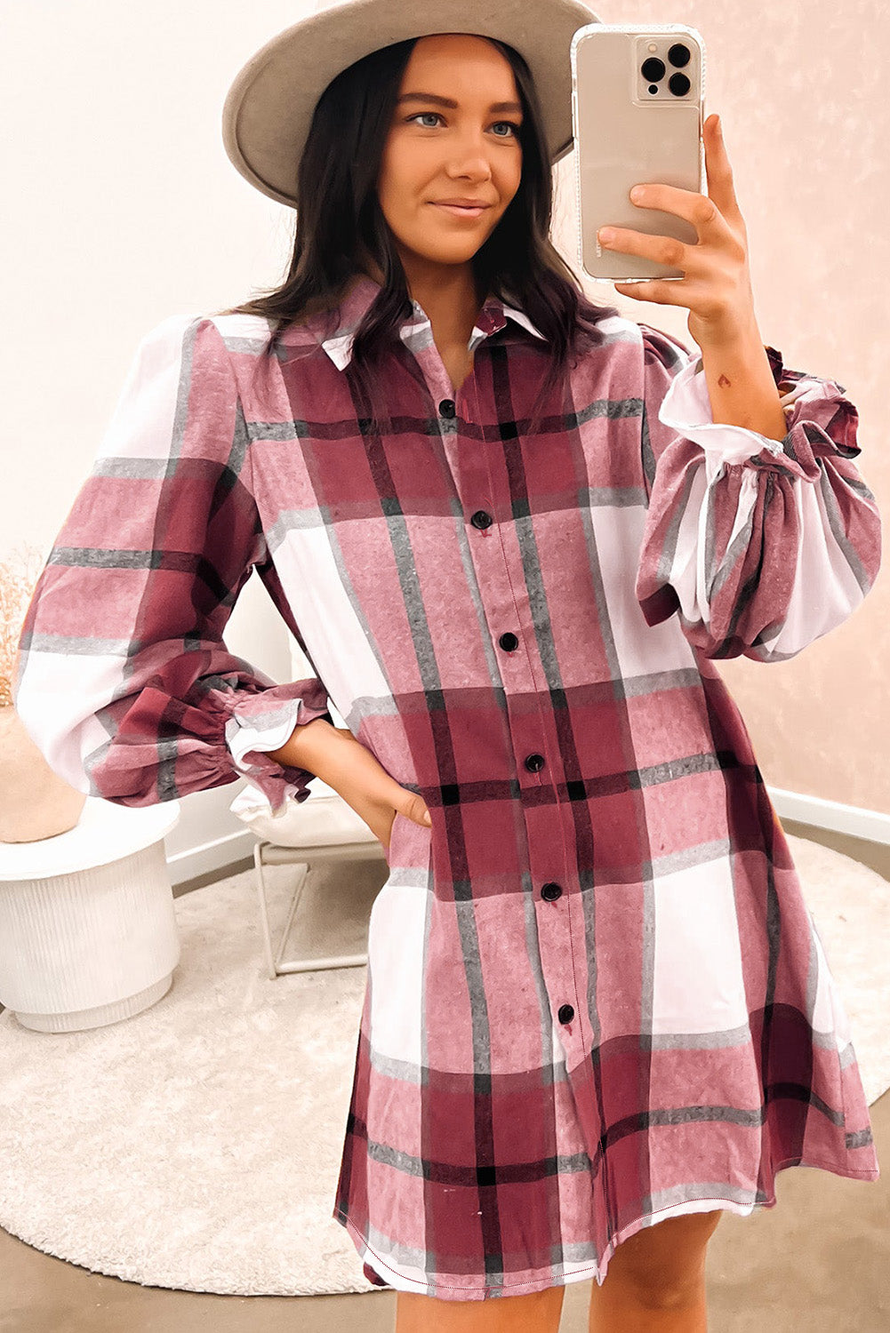 Brown Plaid Pattern Collared Neck Ruffled Sleeve Shirt Dress-yoyobikini