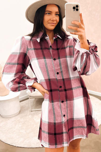 Brown Plaid Pattern Collared Neck Ruffled Sleeve Shirt Dress-yoyobikini