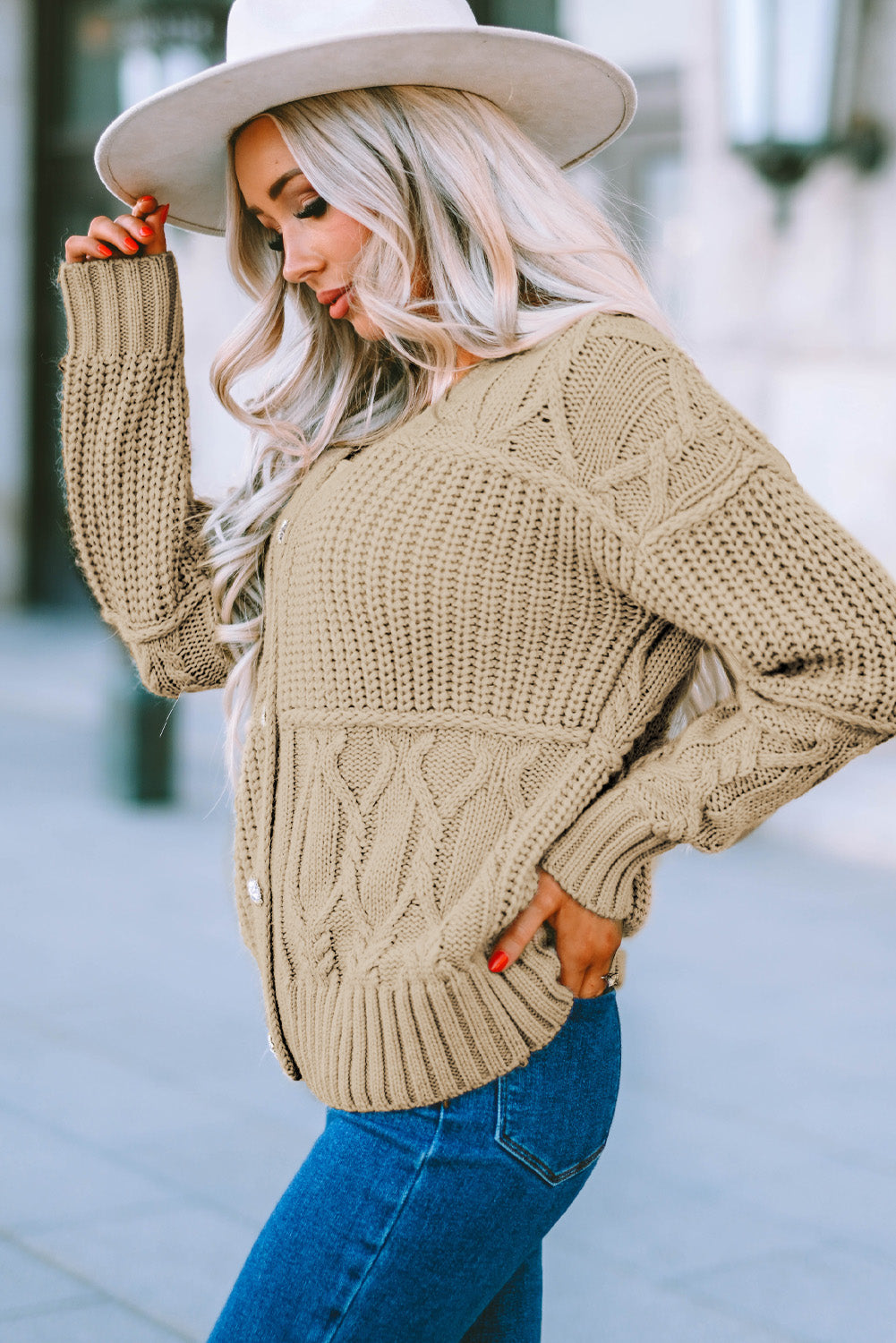 Apricot Buttons Front Patterned Texture Knit Cardigan-yoyobikini