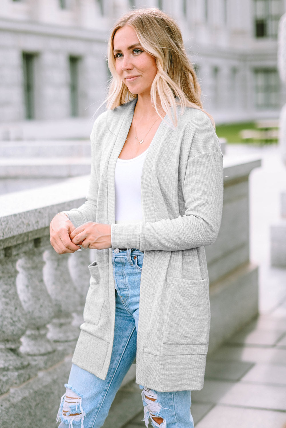 Light Gray Thermal Waffle Knit Pocketed Cardigan-yoyobikini