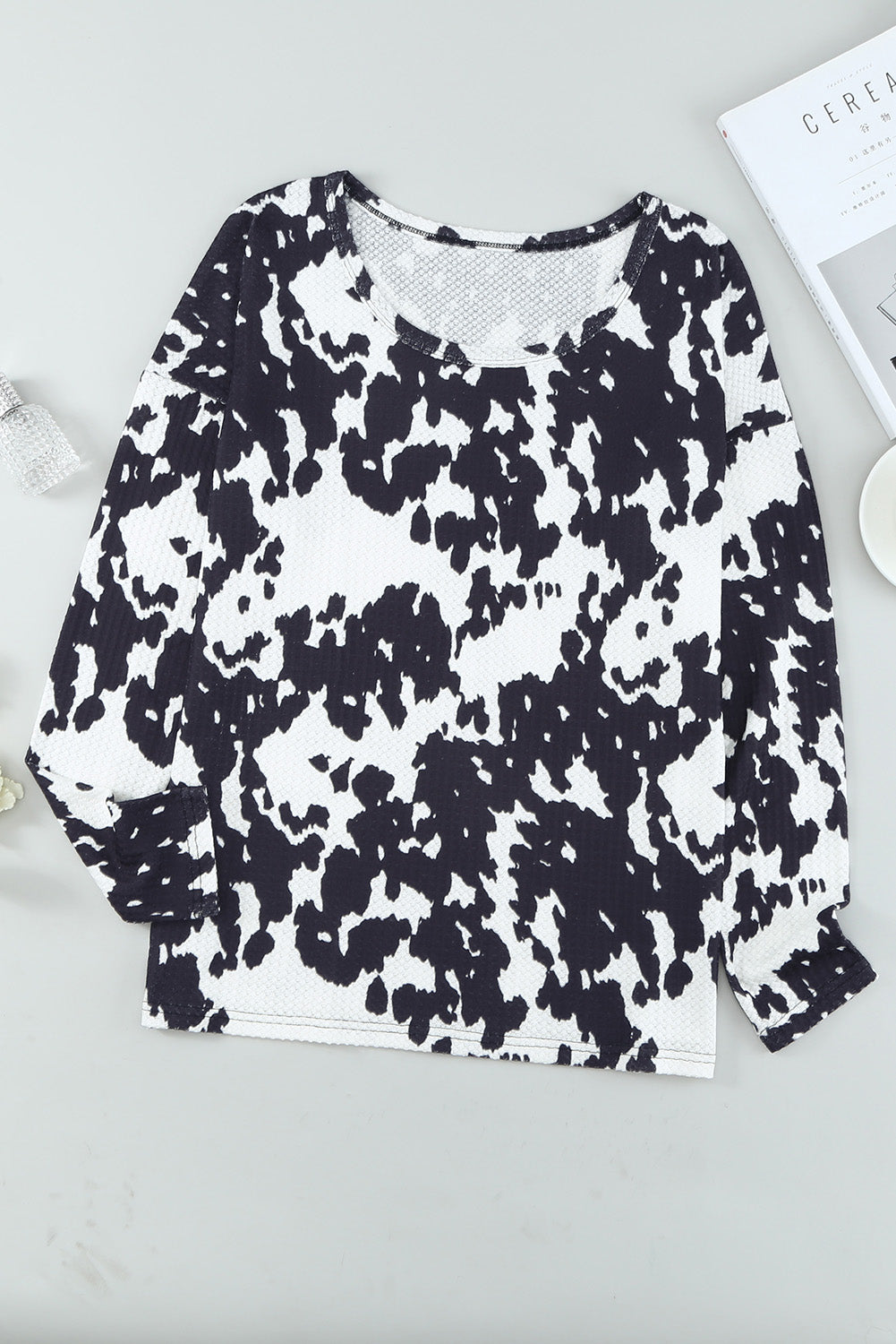 Cow Print U Neck Long Sleeve Top-yoyobikini