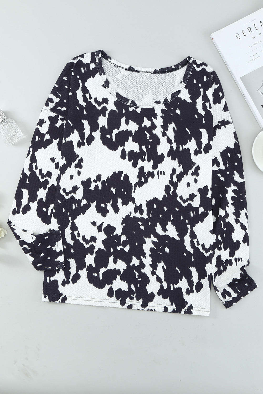Cow Print U Neck Long Sleeve Top-yoyobikini