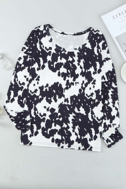 Cow Print U Neck Long Sleeve Top-yoyobikini