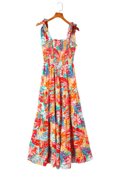 Multicolor Vibrant Tropical Print Smocked Ruffle Tiered Maxi Dress-yoyobikini