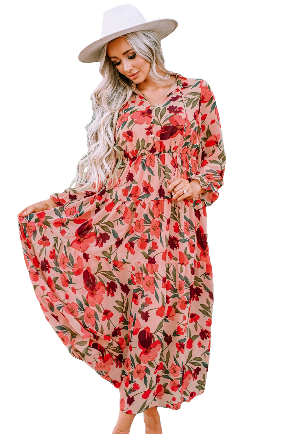 Red Frilled Collar Long Sleeve Tiered Maxi Floral Dress-yoyobikini
