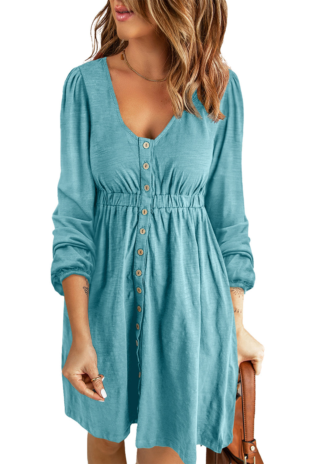 Sky Blue Button Up High Waist Long Sleeve Dress-yoyobikini
