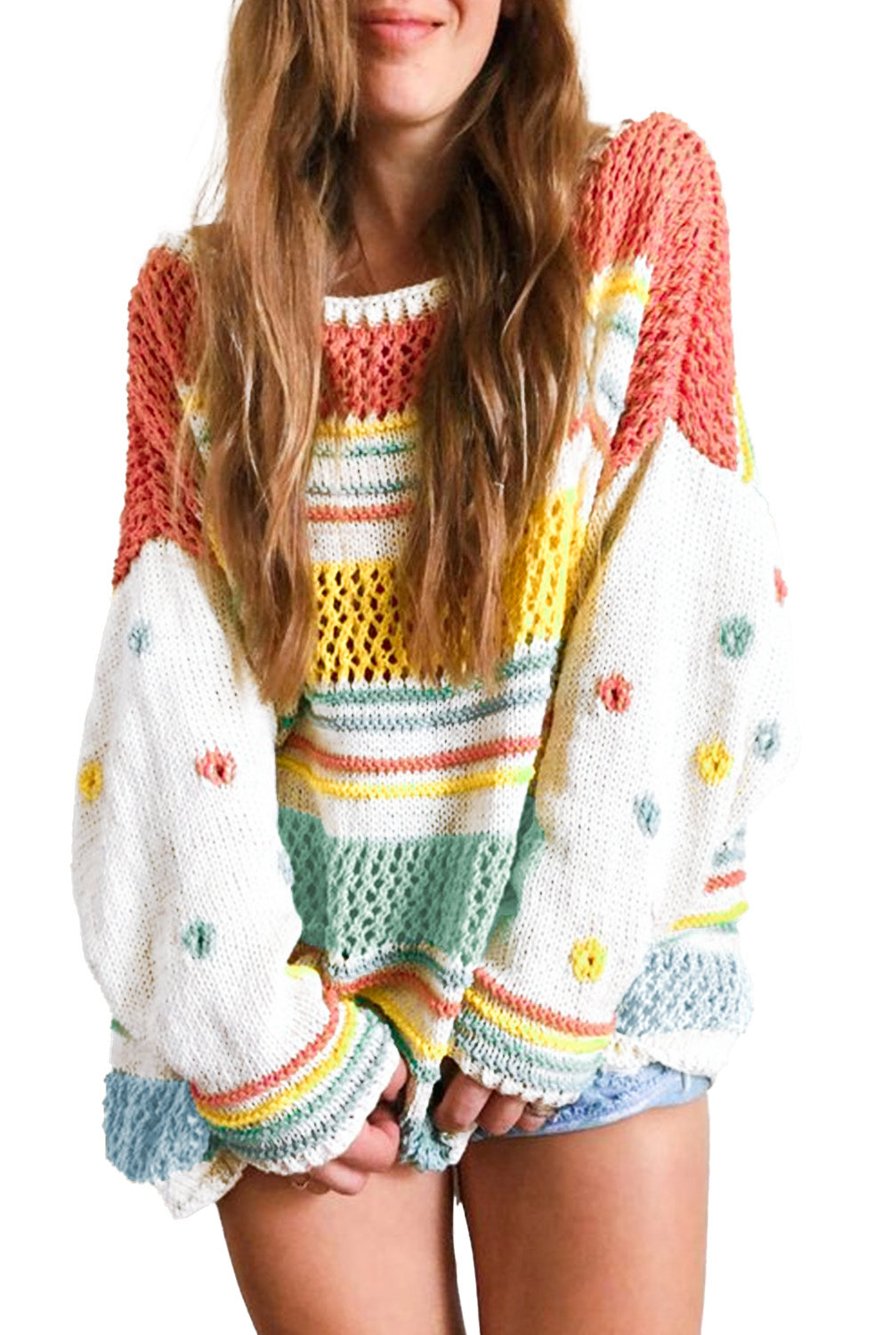 Multicolor Hollow Striped Knit Contrast Sleeve Sweater-yoyobikini