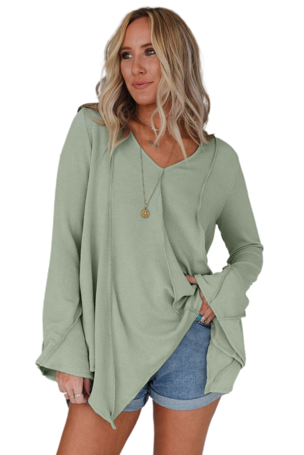 Green Ribbed Expose Seam Bell Sleeve Top-yoyobikini