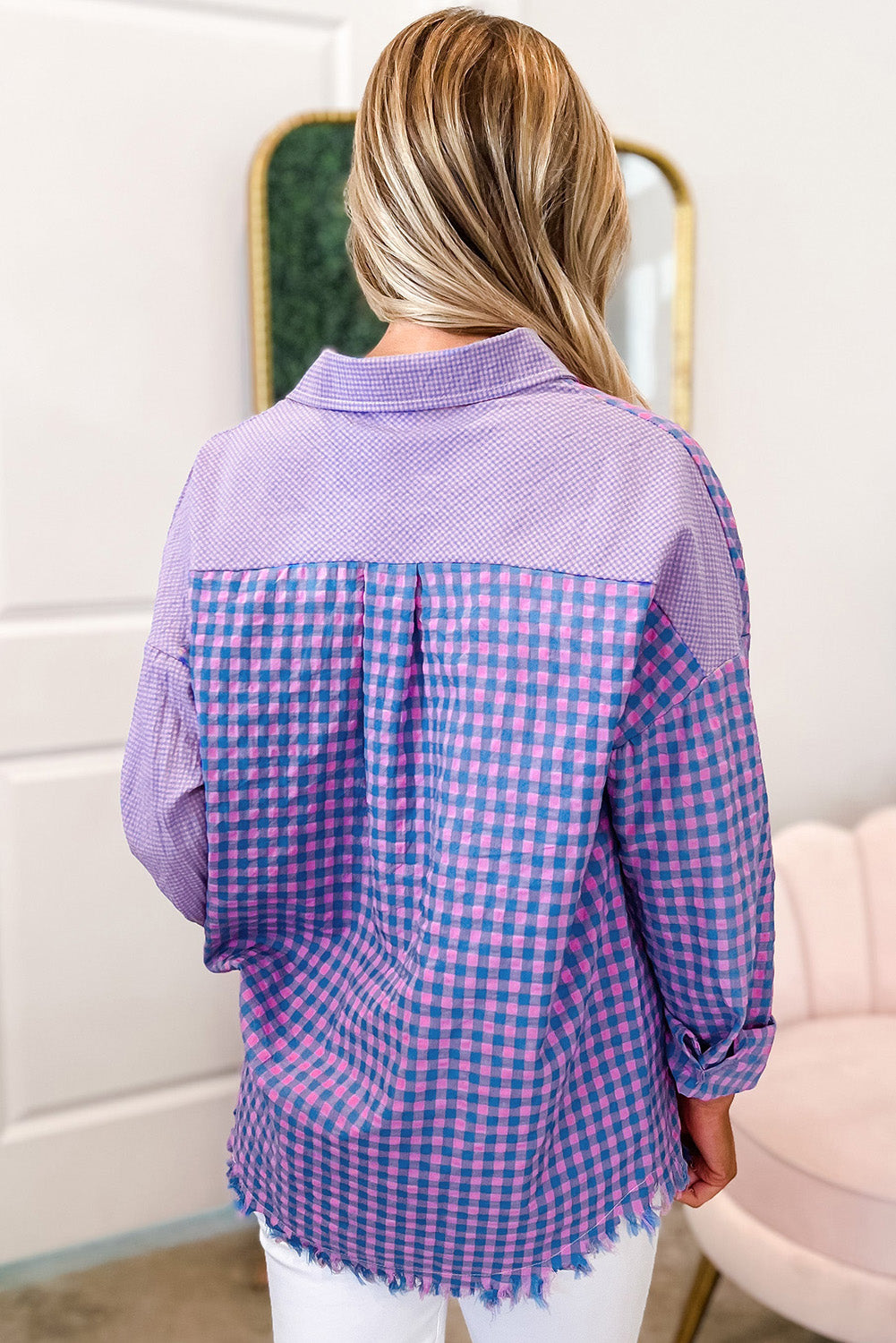 Purple Mixed Plaid Button Down Long Sleeve Chest Pocket Shirt-yoyobikini