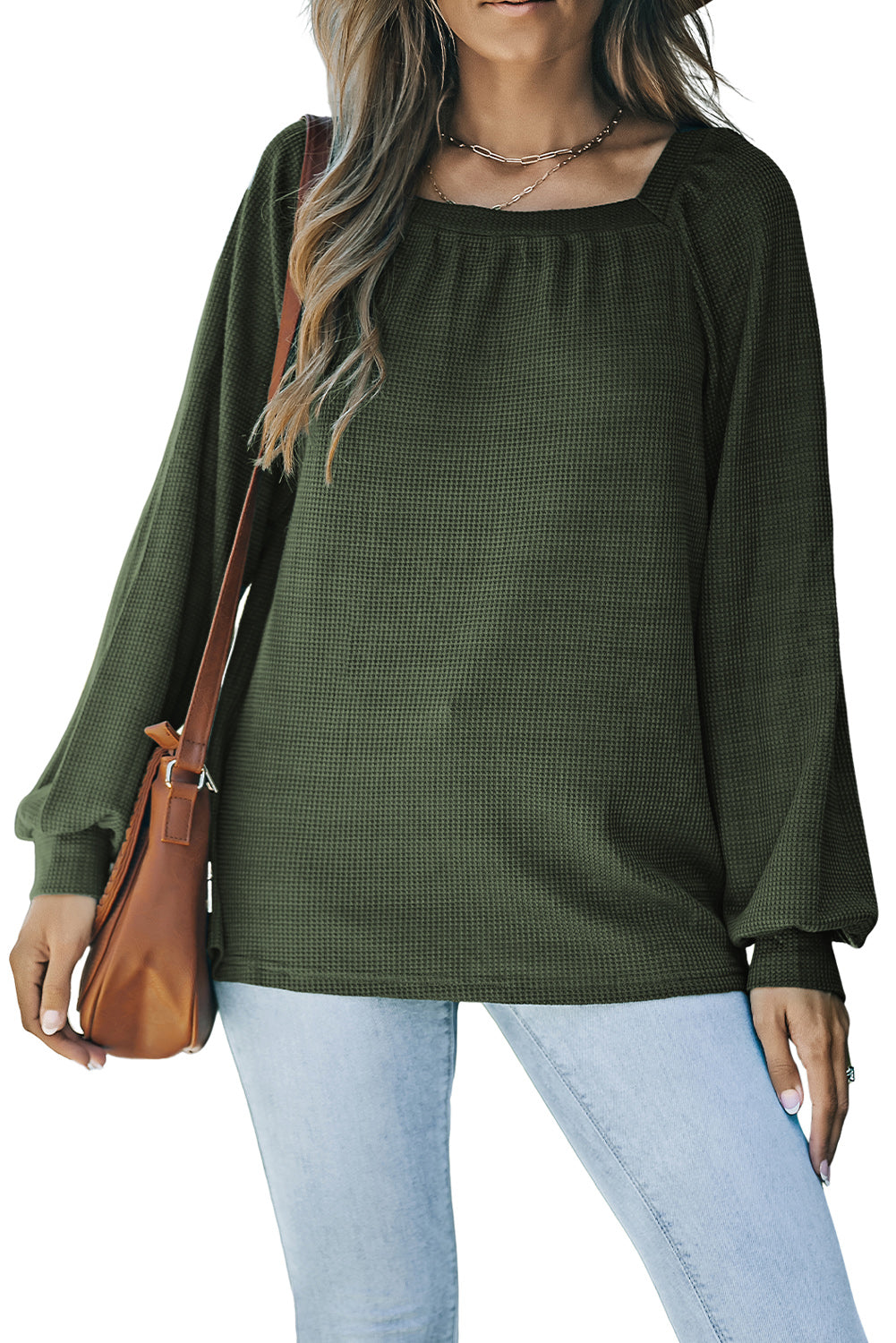 Green Scoop Neck Puff Sleeve Waffle Knit Top-yoyobikini