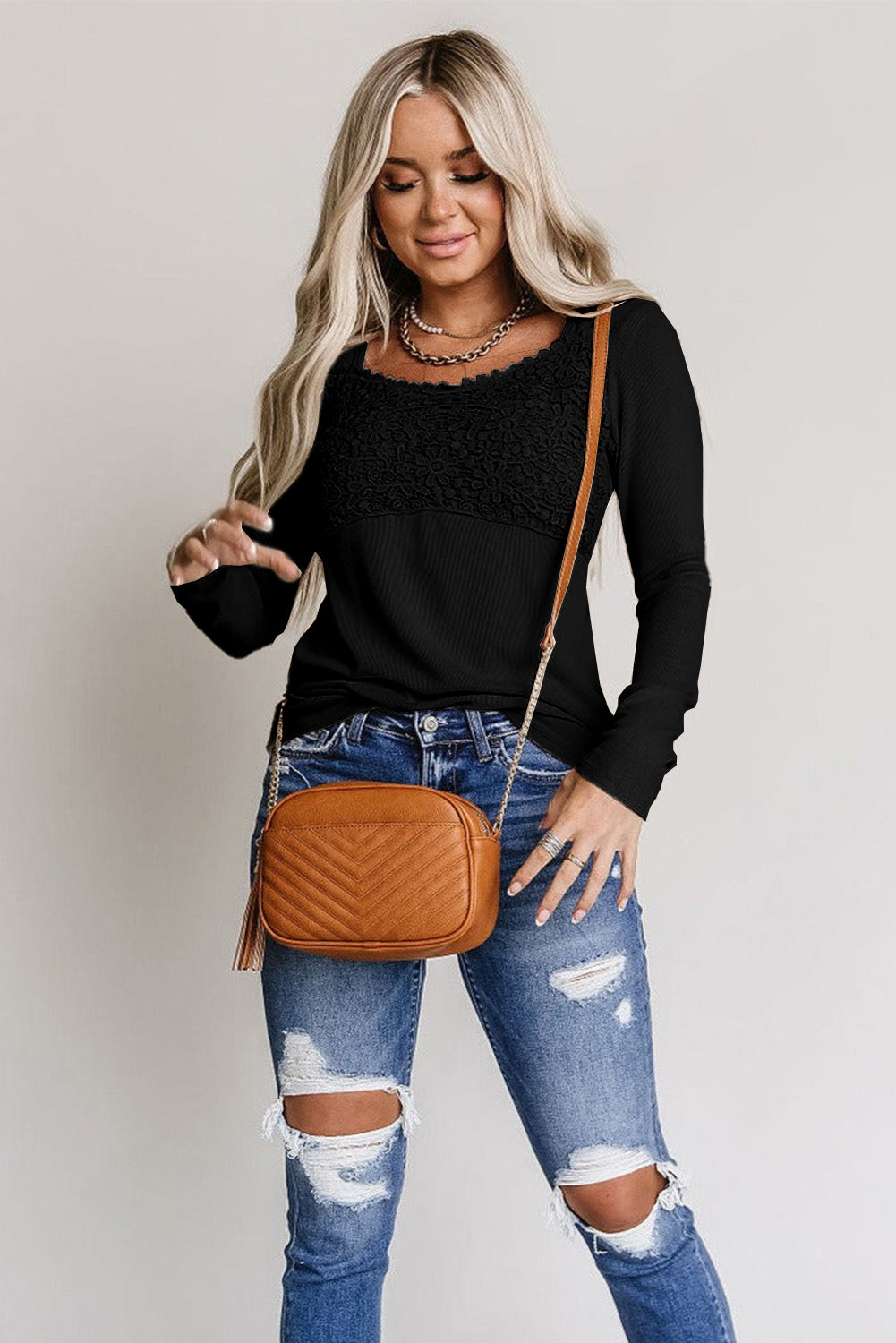 Black Lace Crochet V Neck Long Sleeve Top-yoyobikini
