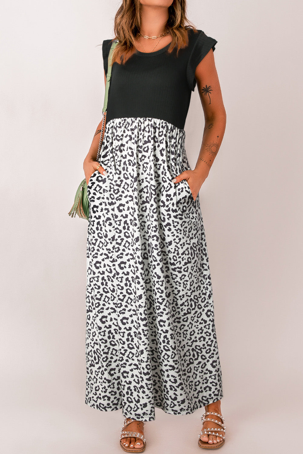 Black Leopard Patchwork Ribbed Maxi Dress with Pockets-yoyobikini