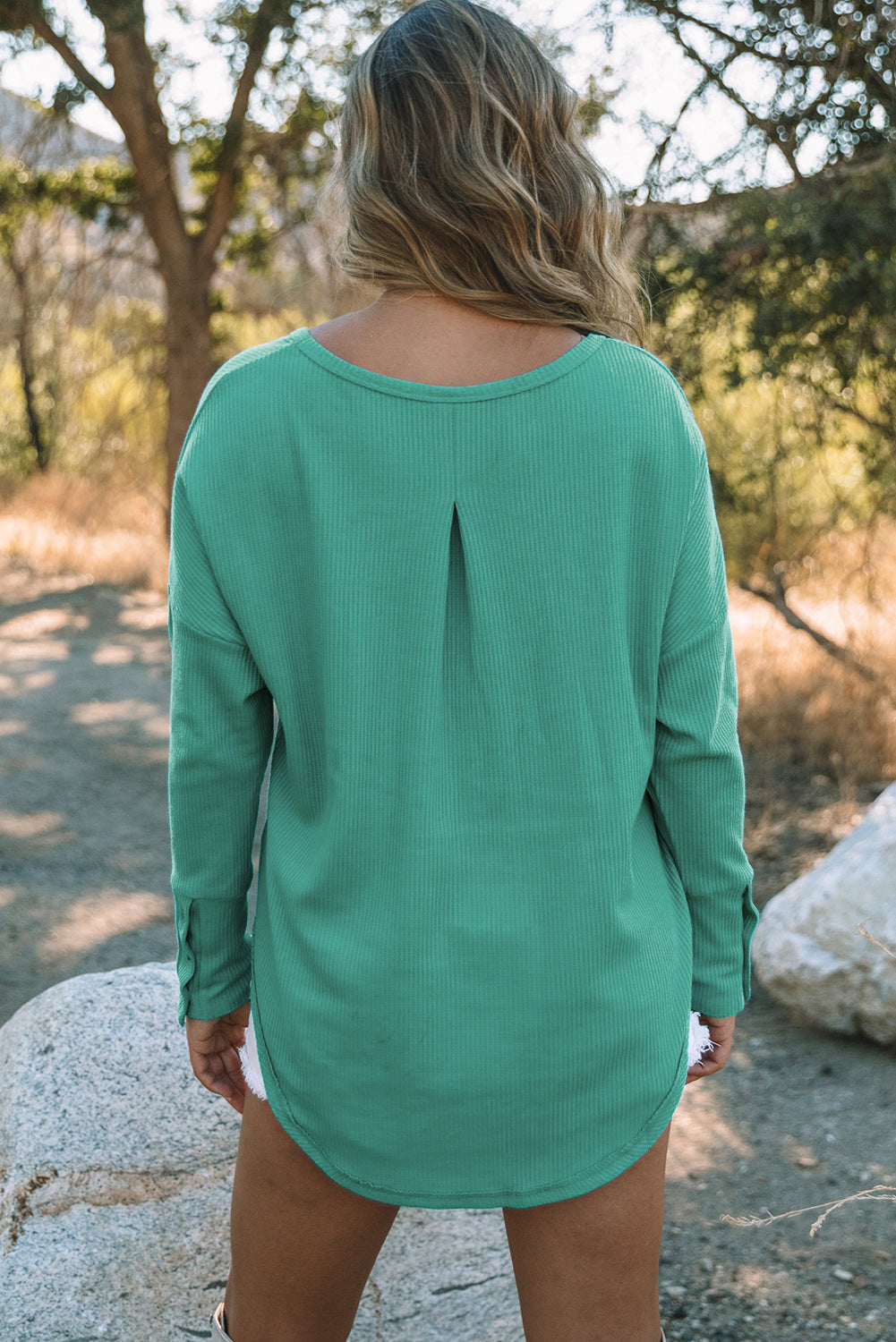 Green Waffle Knit Splicing Buttons Long Sleeve Top-yoyobikini