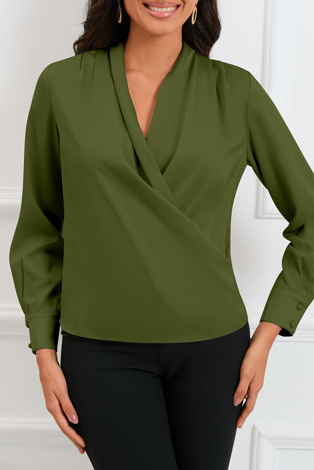 Green Solid Wrap V Neck Long Sleeve Top-yoyobikini