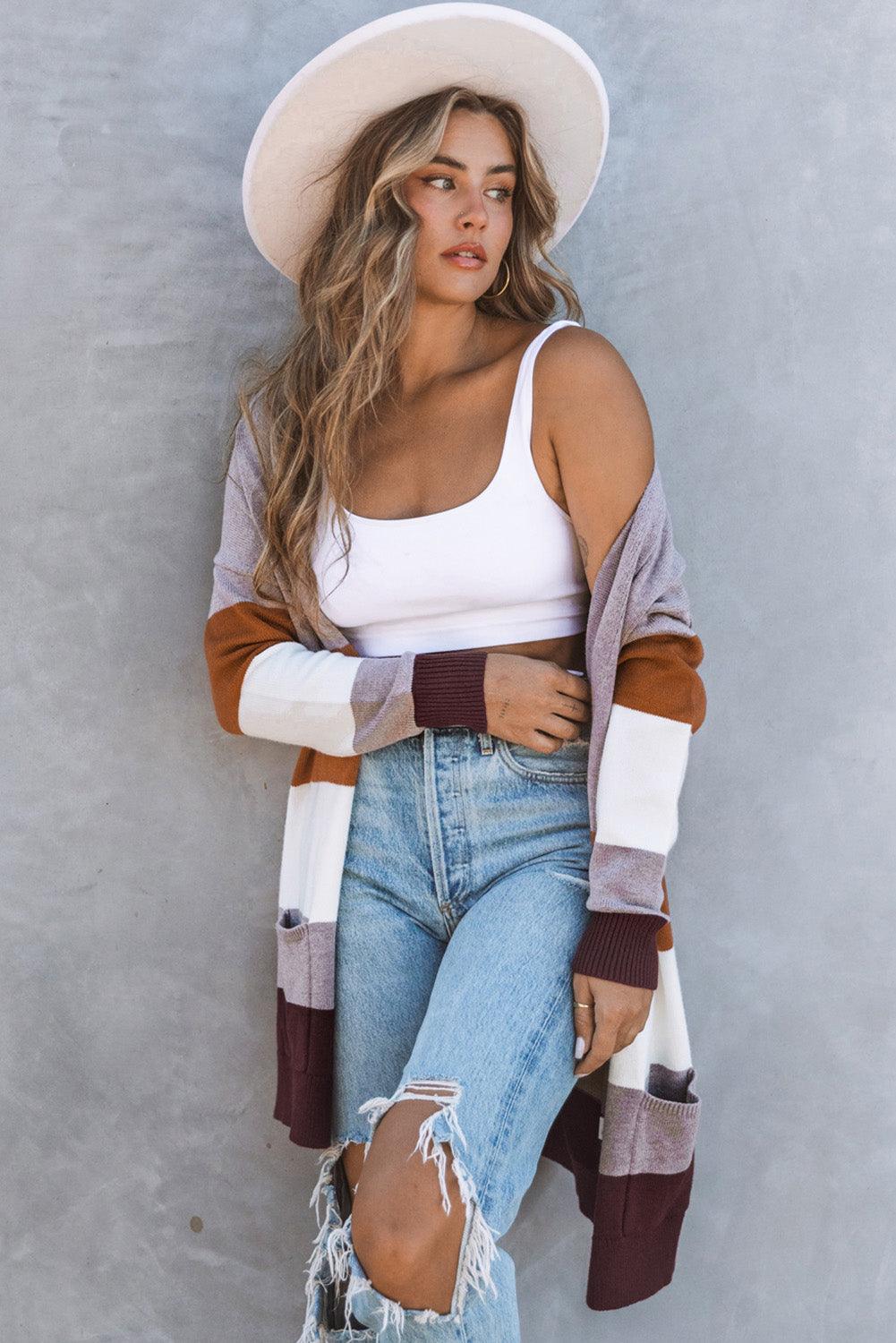 Open Front Colorblock Cardigan with Pockets-yoyobikini