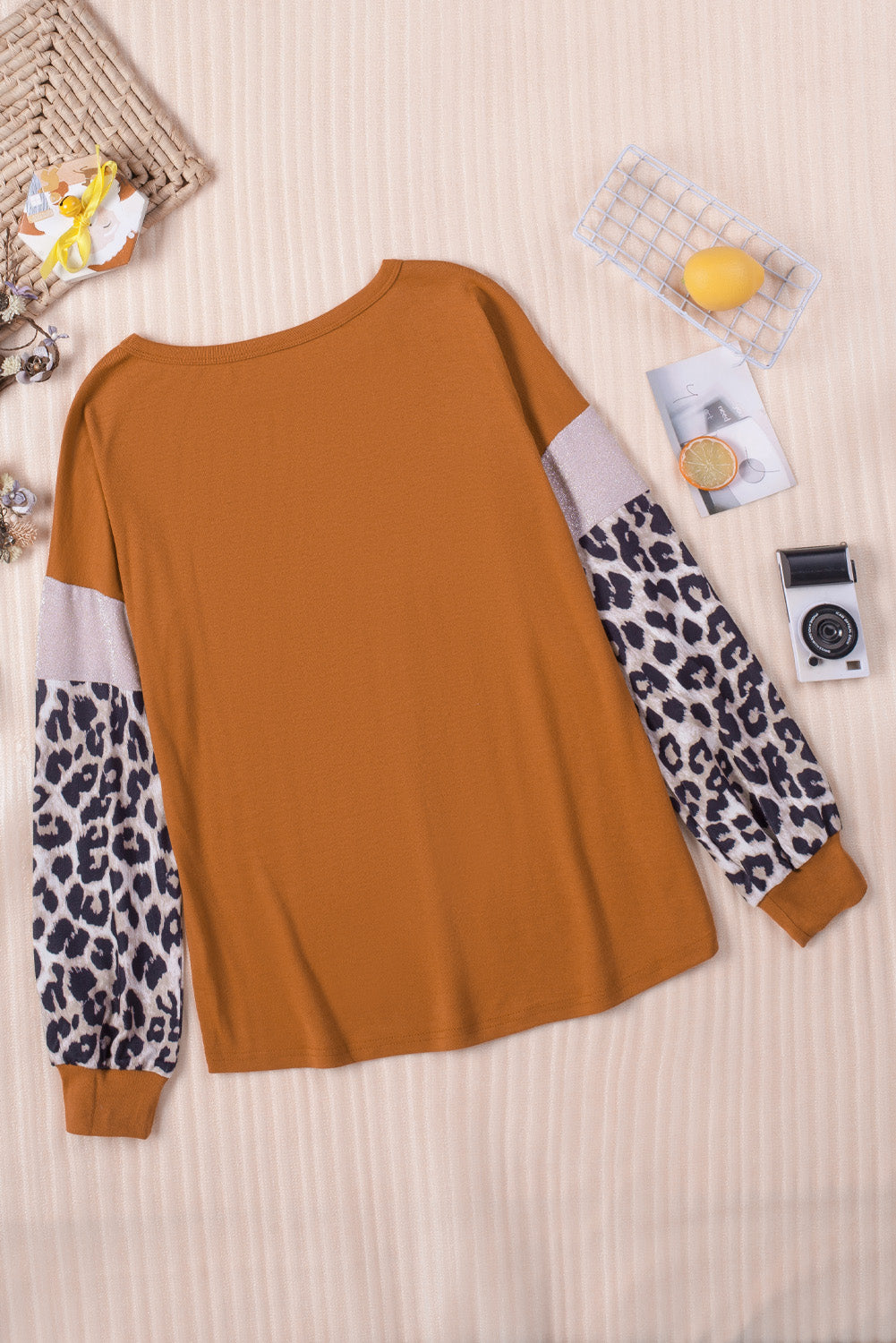Brown Leopard Sequin Patchwork Long Sleeve Top-yoyobikini