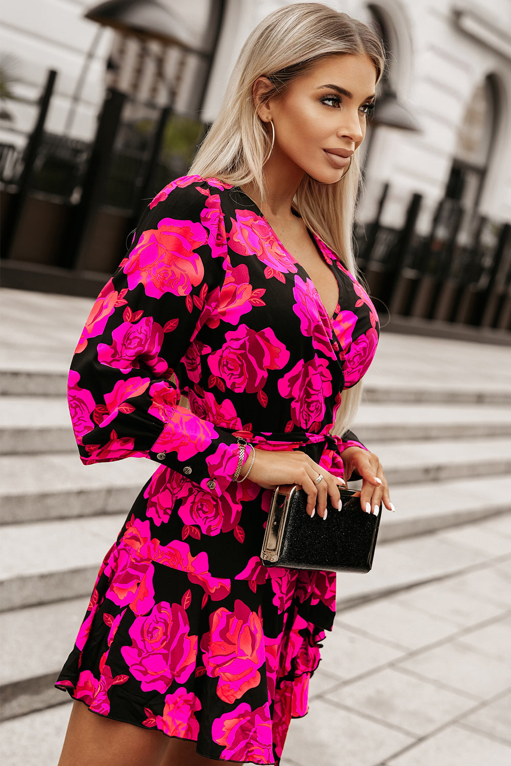 Rose Floral Print V Neck Wrap Bishop Sleeve Ruffle Tiered Mini Dress-yoyobikini