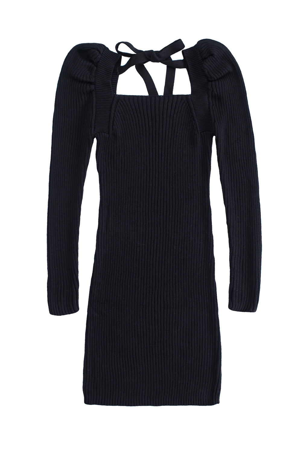 Black Square Neck Puffy Sleeve Sweater Dress-yoyobikini
