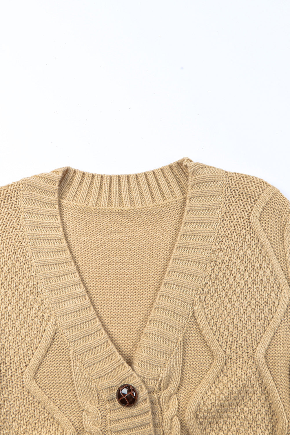 Beige Front Pockets Buttons Textured Cardigan-yoyobikini