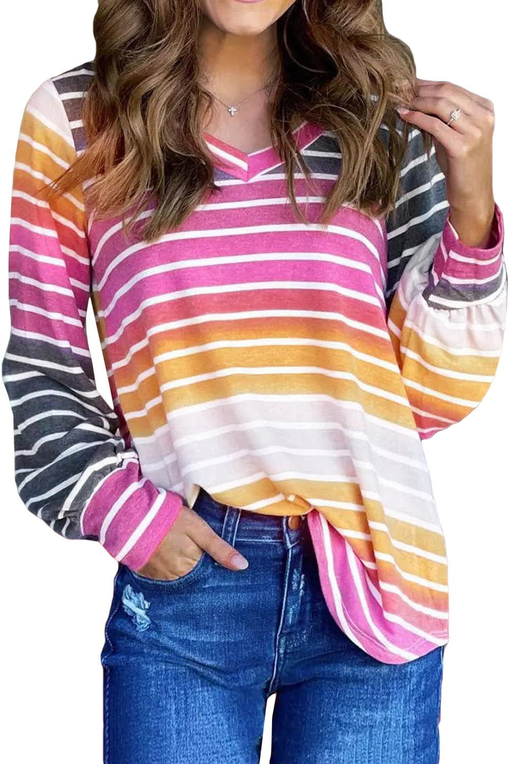 Multicolor Gradient Striped Long Sleeve V-Neck Blouse-yoyobikini