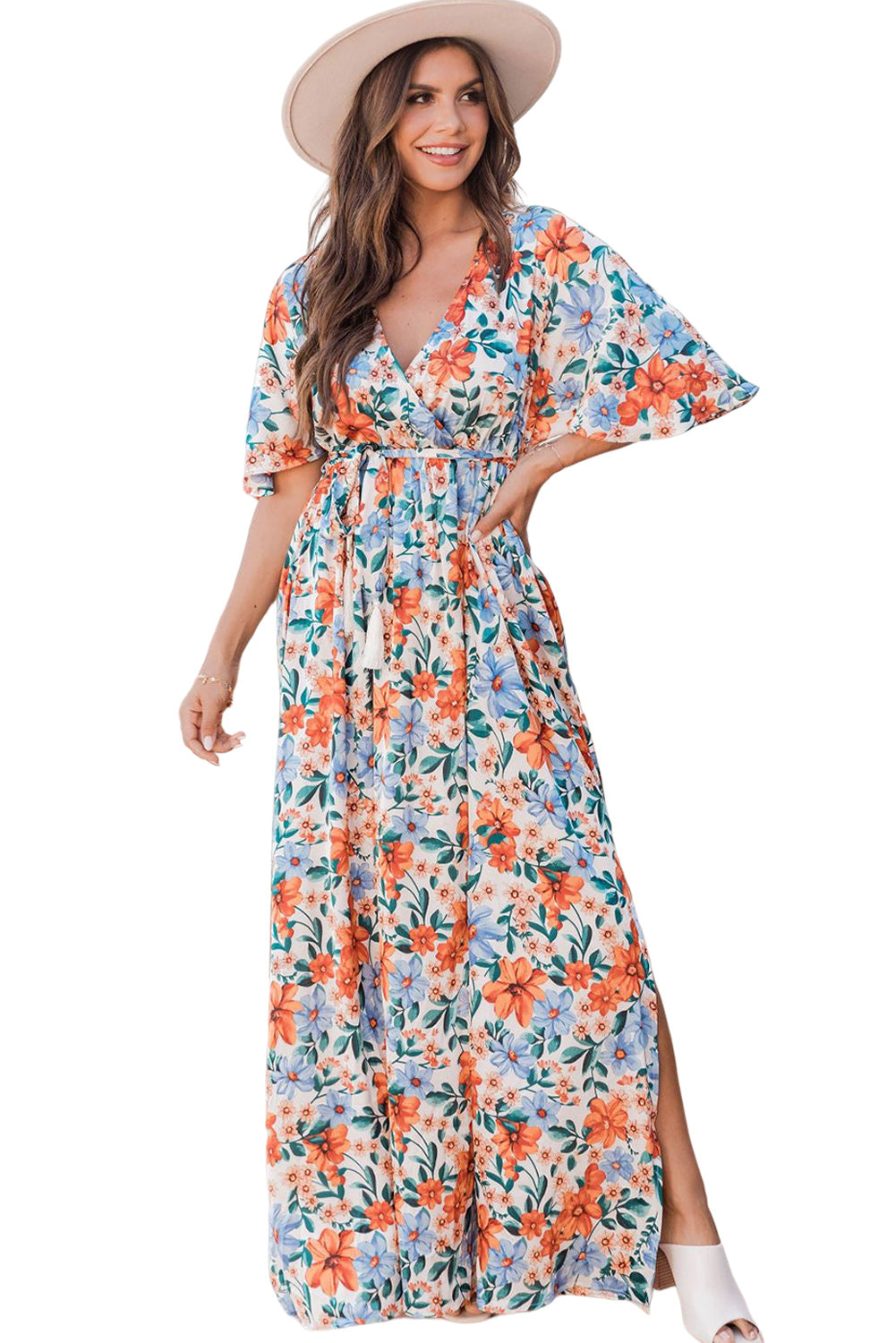 Sky Blue Floral Print Wrap Belted Maxi Dress-yoyobikini