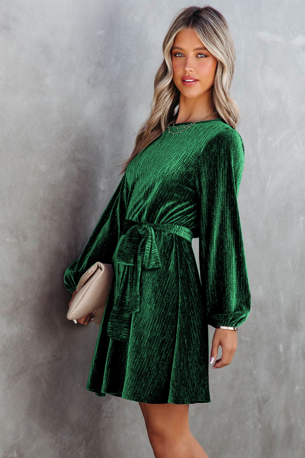 Green Tie Waist Crinkle Velvet Dress-yoyobikini