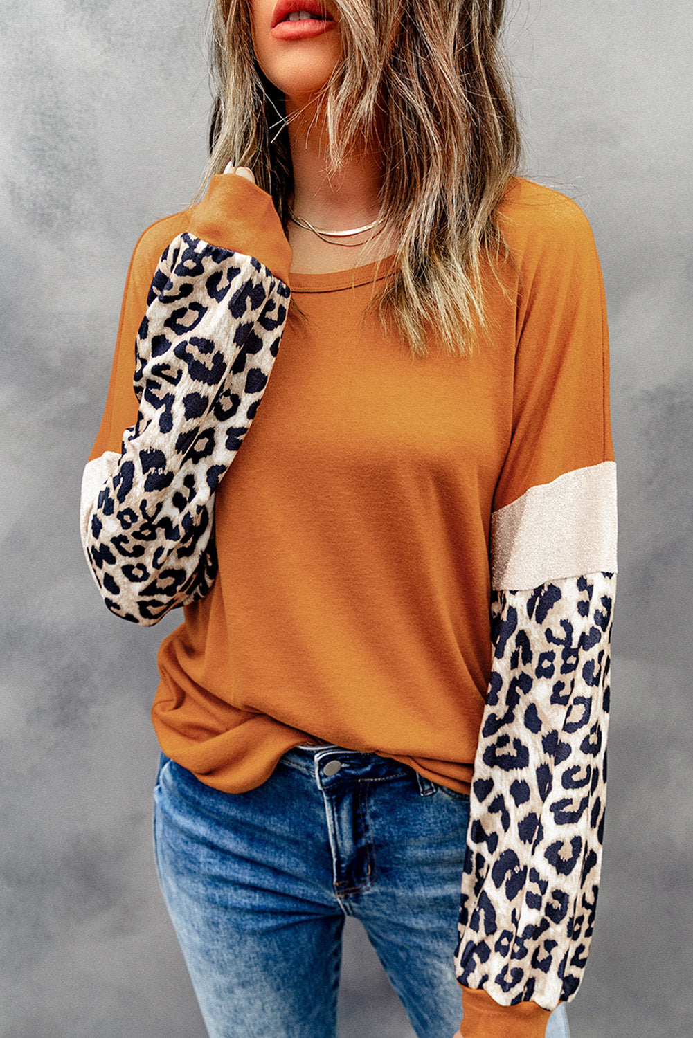 Brown Leopard Sequin Patchwork Long Sleeve Top-yoyobikini