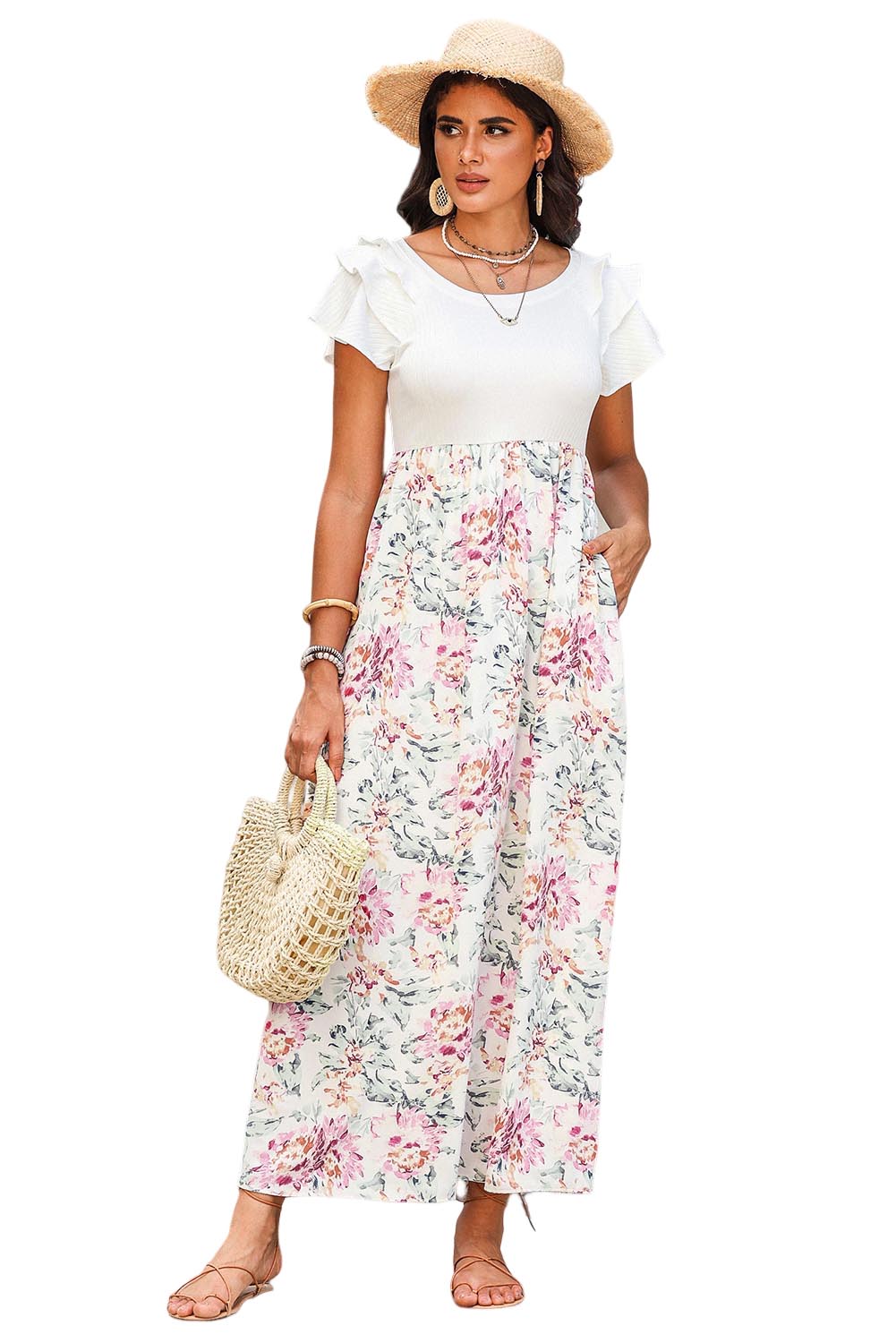 White Floral Patchwork Ribbed Maxi Dress with Pockets-yoyobikini