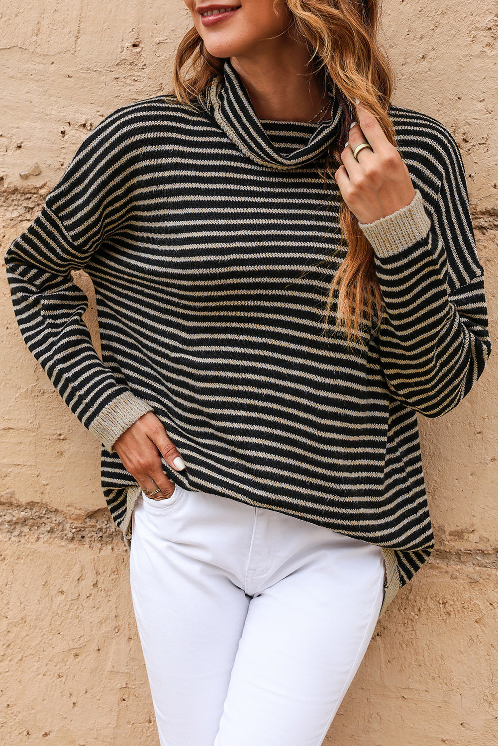 Black Striped Turtleneck Loose Sweater-yoyobikini