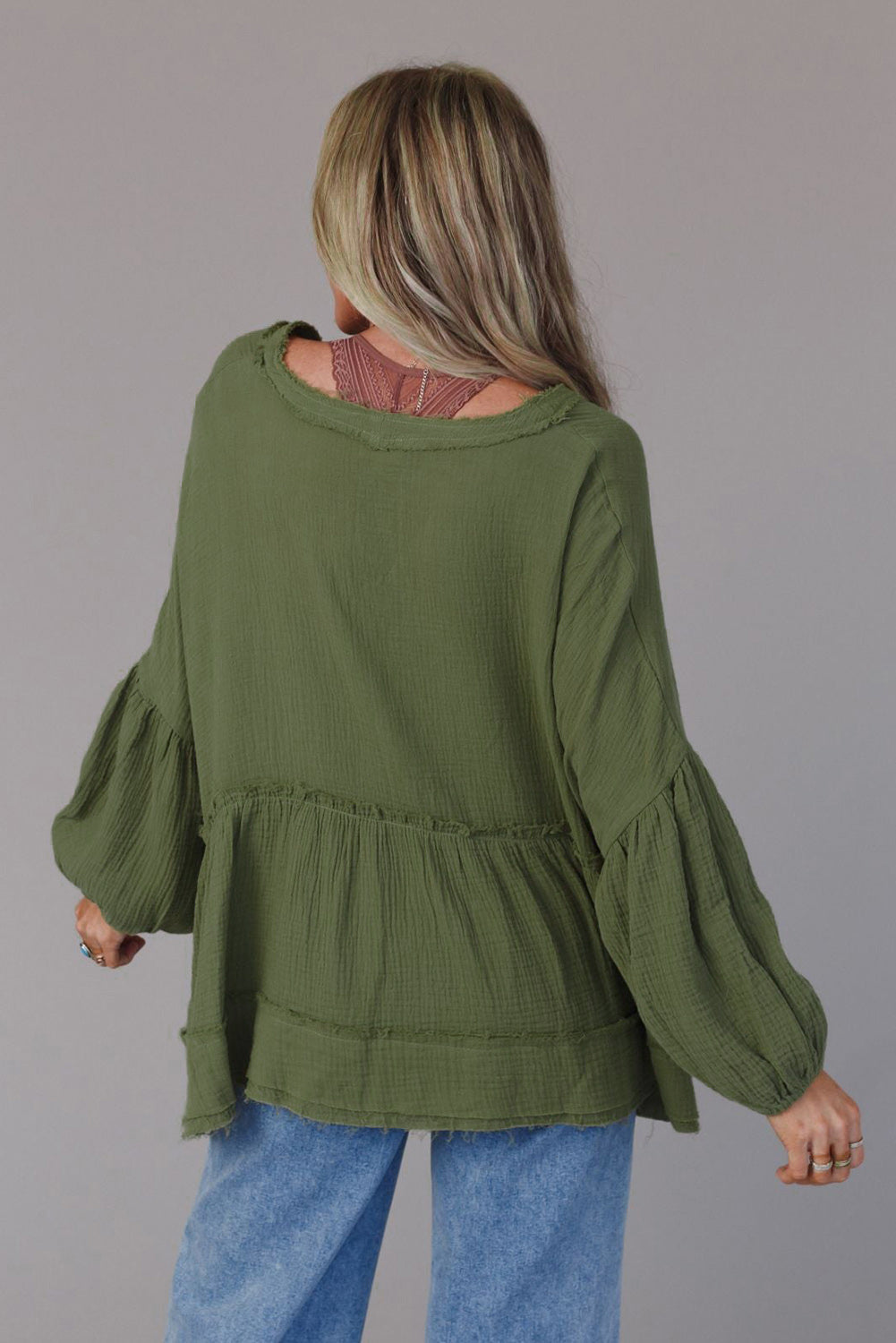 Green Henley Button Drop Shoulder Loose Sleeve Raw Edge Top-yoyobikini
