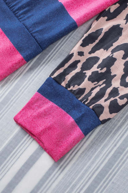 Rose Leopard Striped Patchwork Long Sleeve Top-yoyobikini