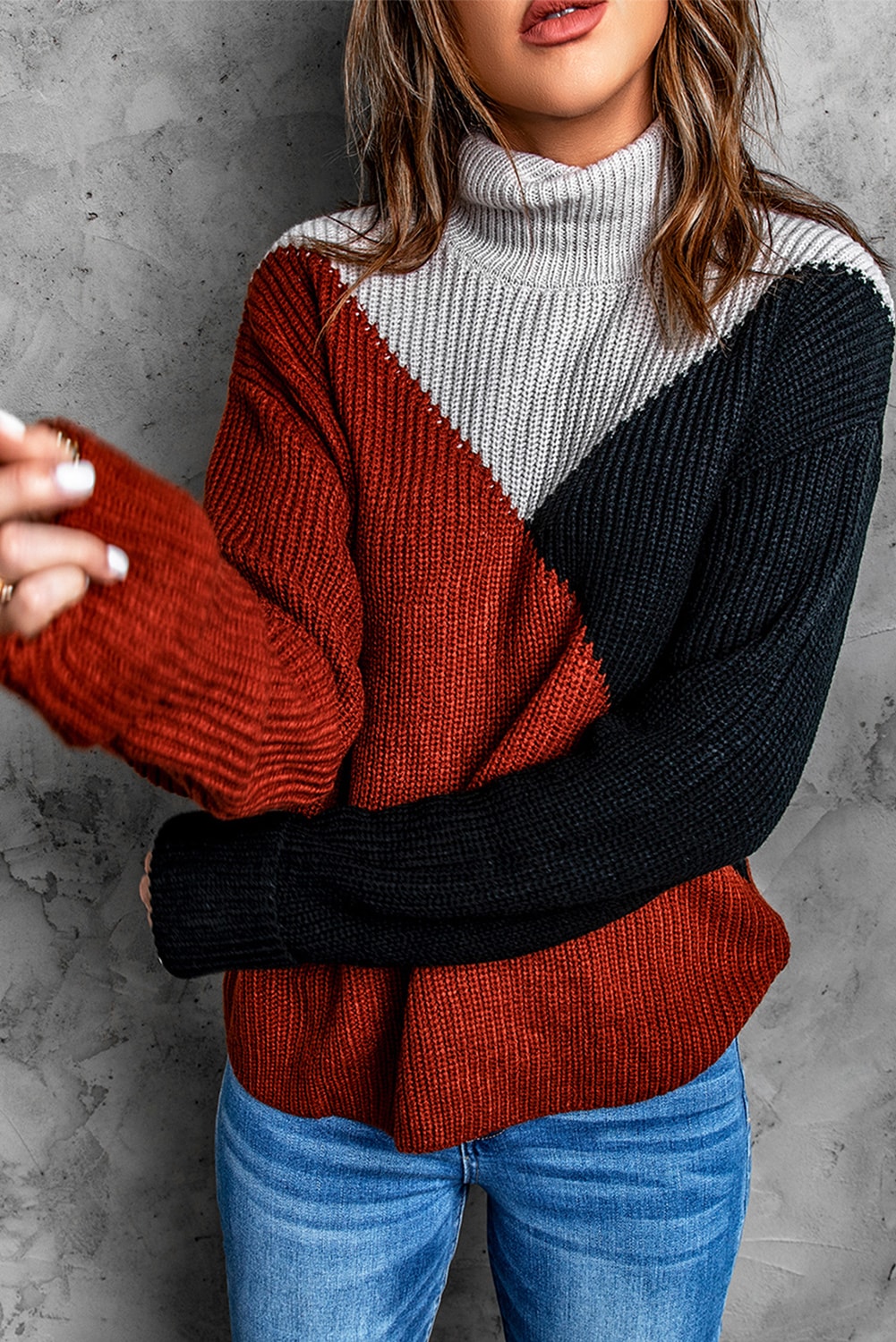 Black Color Block Drop Shoulder Turtleneck Sweater-yoyobikini