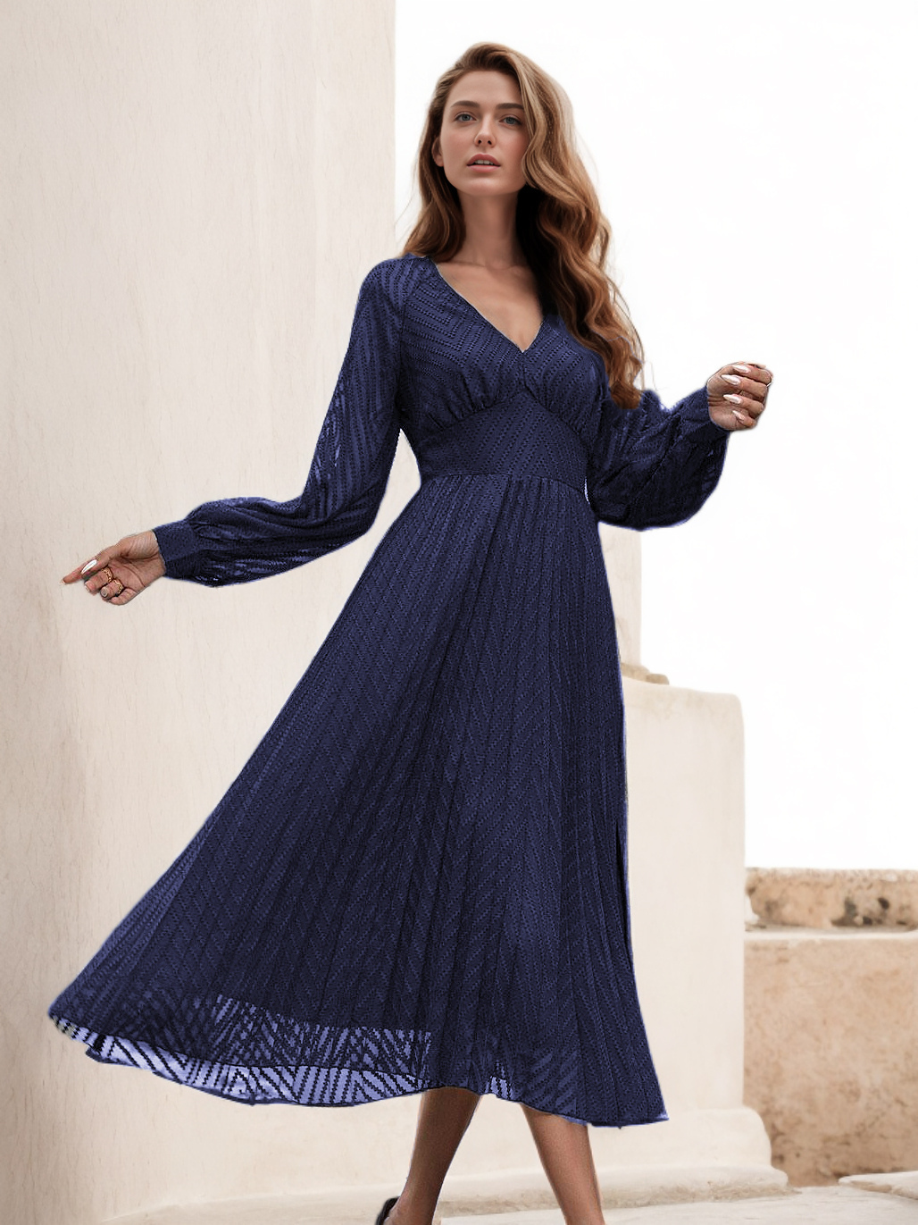 V-Neck Dress Long Sleeves Pleated Zipper Flared Midi Dress