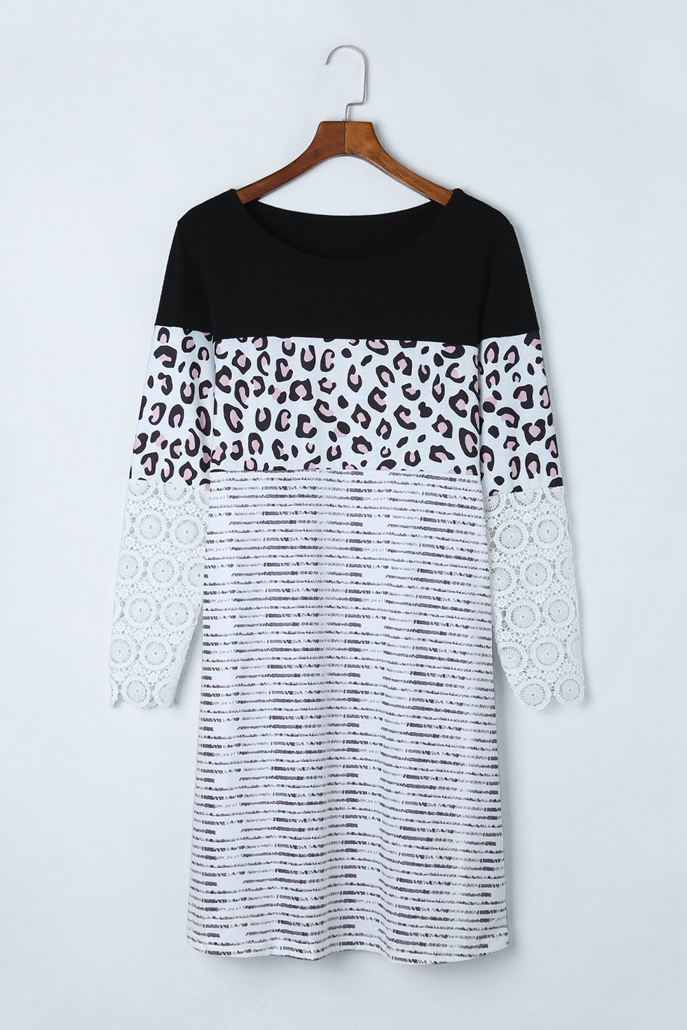 Black Striped Leopard Patchwork Lace T Shirt Dress-yoyobikini