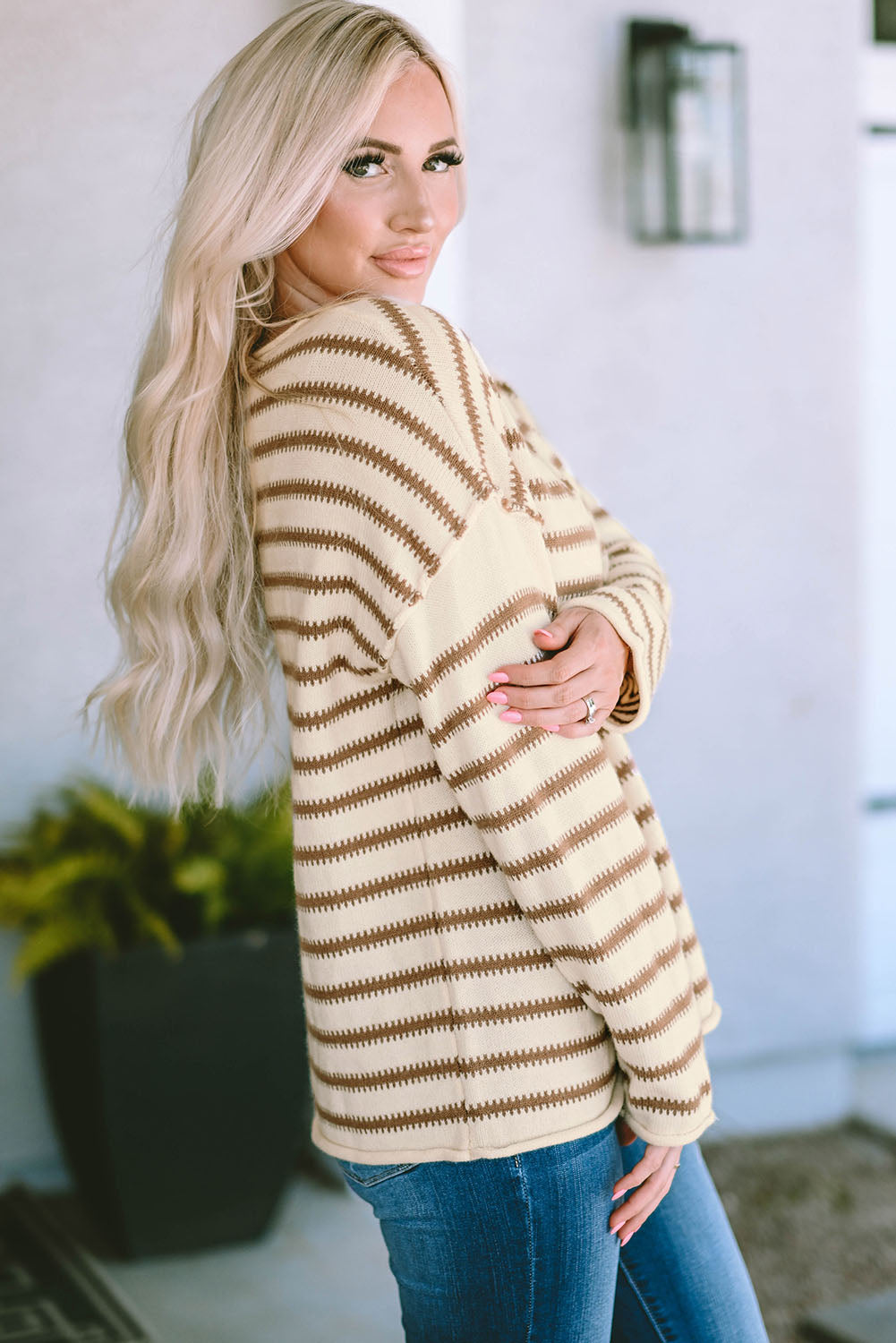 Yellow Striped Drop Shoulder Oversized Sweater-yoyobikini