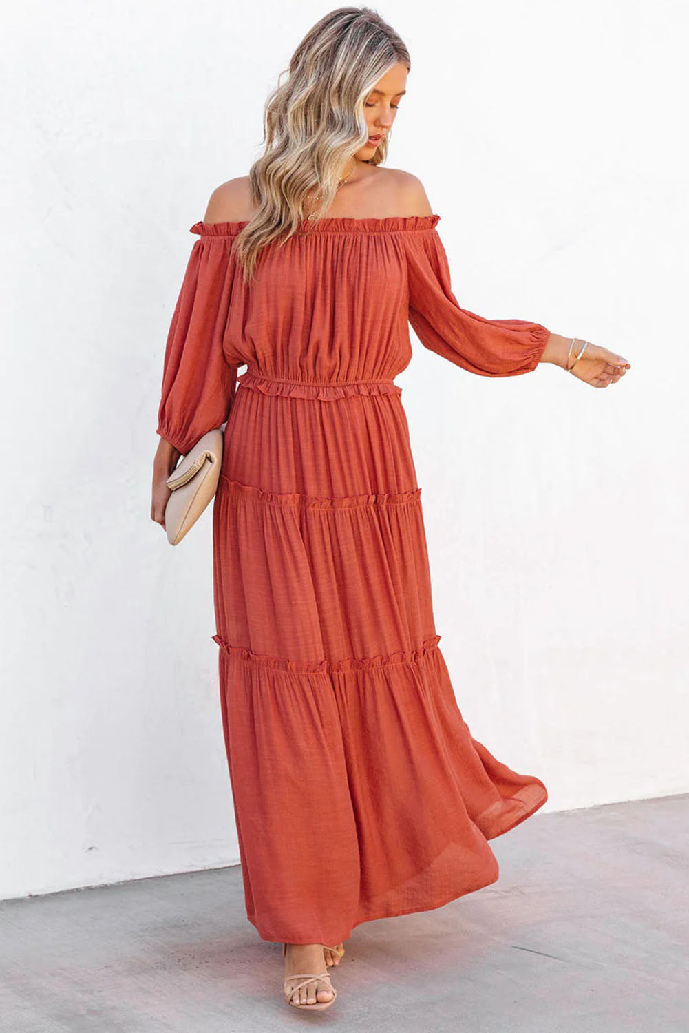 Orange Off Shoulder Balloon Sleeve Cutout Ruffled Maxi Dress-yoyobikini