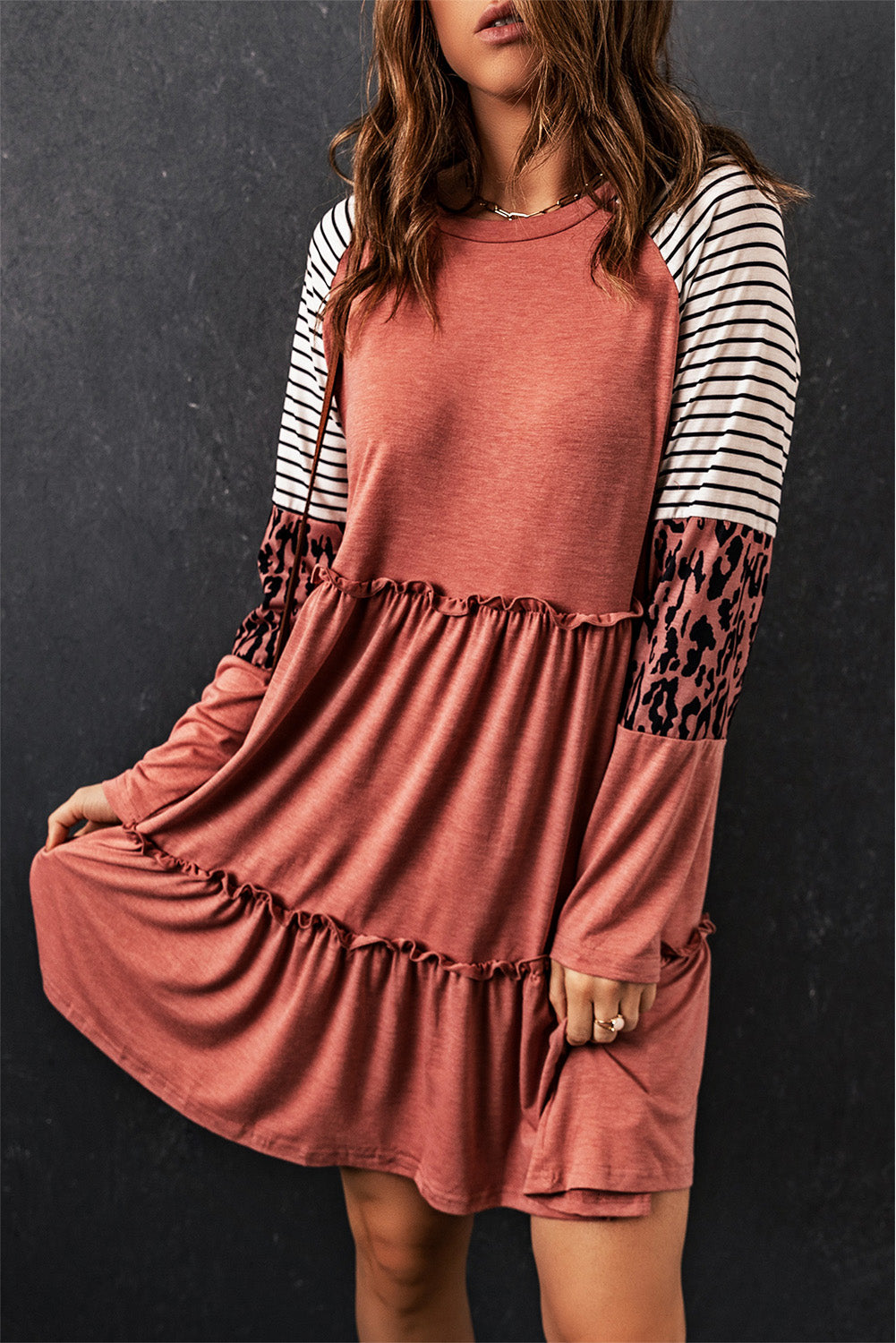 Pink Striped Leopard Patchwork Long Sleeve Mini Dress-yoyobikini