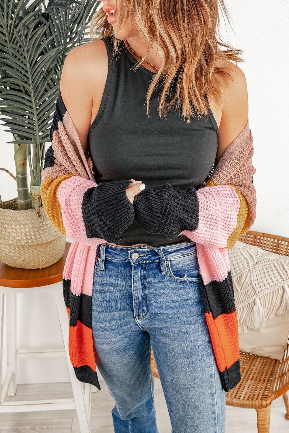 Multicolor Waffle Knit Color Block Open Front Cardigan-yoyobikini
