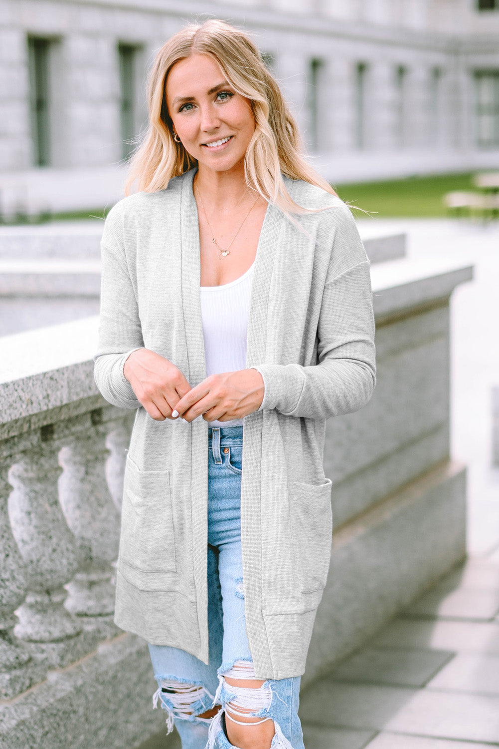 Light Gray Thermal Waffle Knit Pocketed Cardigan-yoyobikini