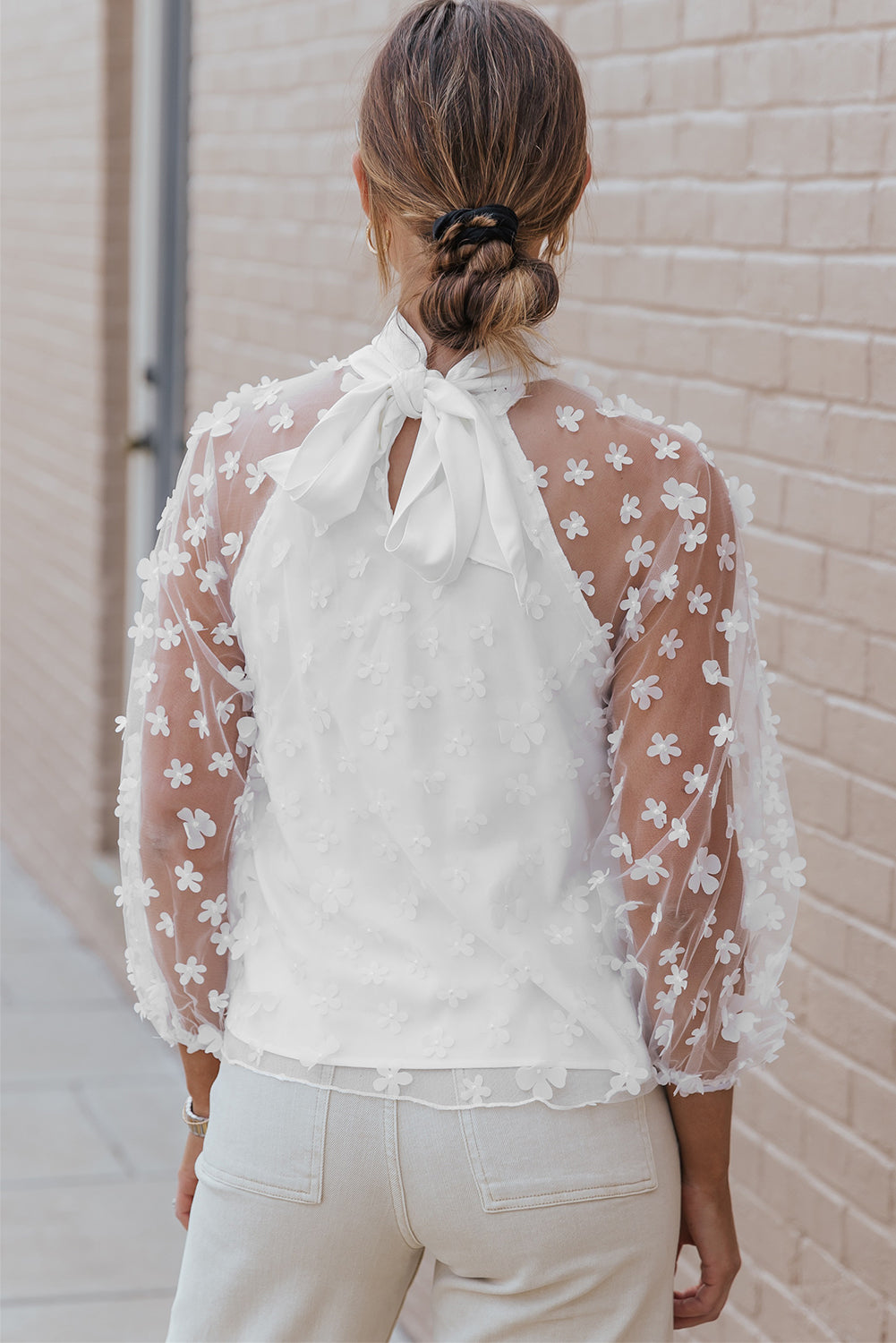 White Mock Neck Floral Mesh Long Sleeve Top-yoyobikini